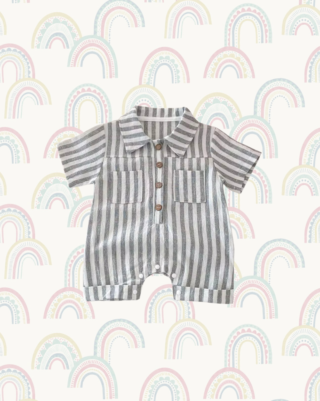 Striped Button-Up Baby Romper - Grey Stripe