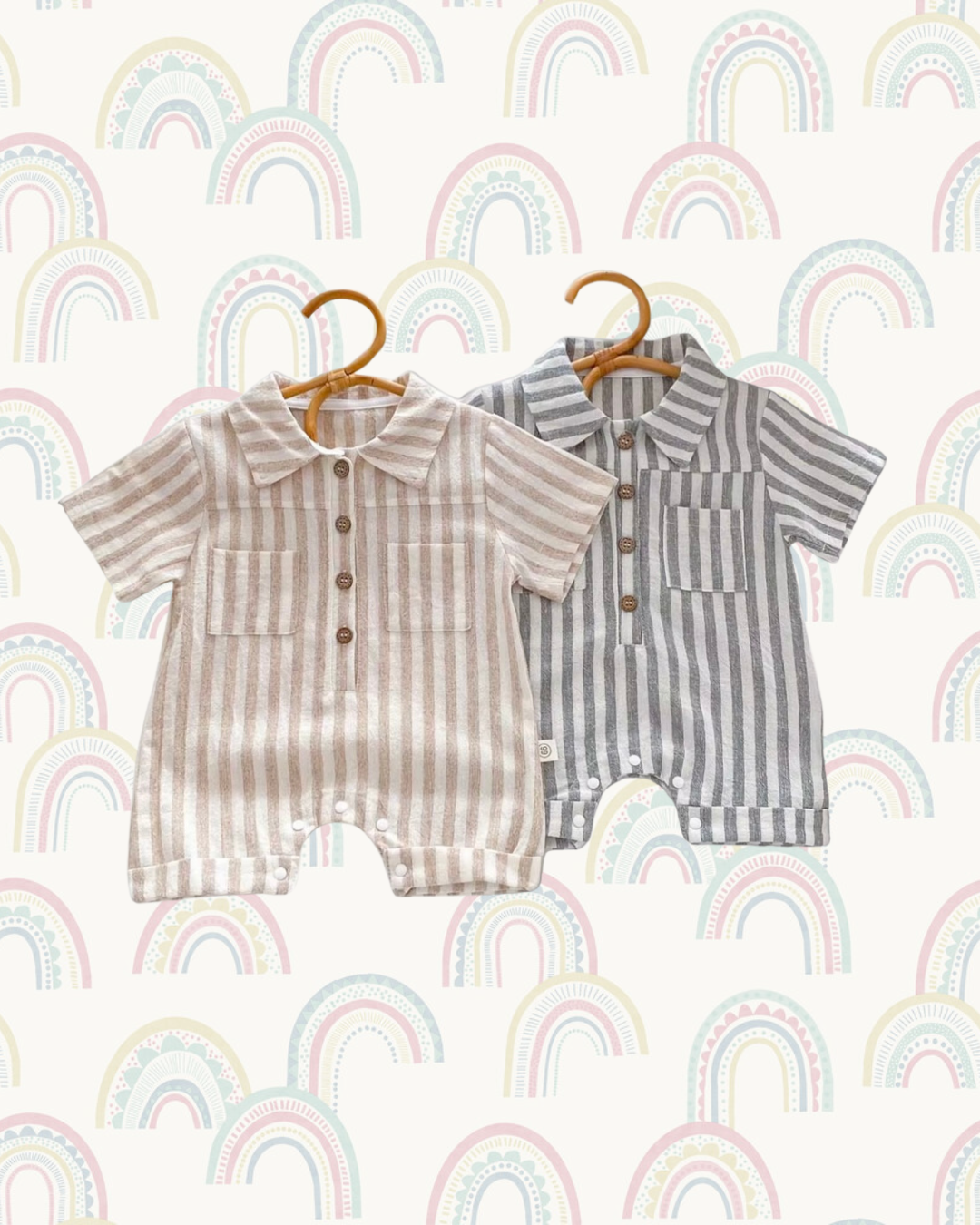 Striped Button-Up Baby Romper - Grey Stripe