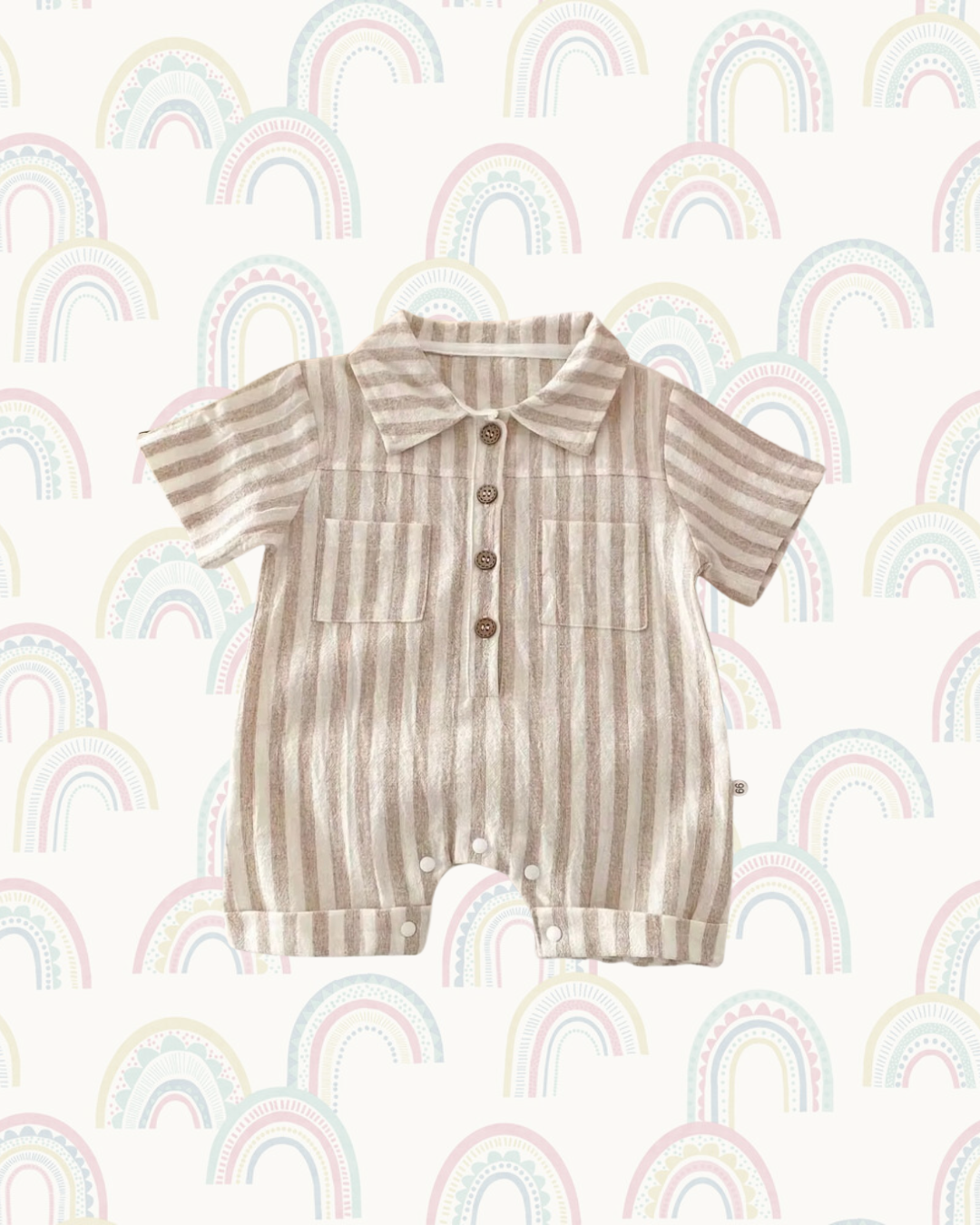 Striped Button-Up Baby Romper - Natural Stone