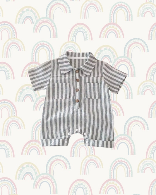 Striped Button-Up Baby Romper - Grey Stripe