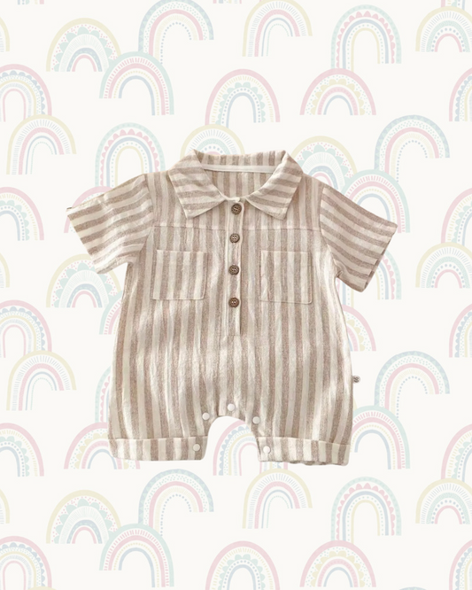 Striped Button-Up Baby Romper - Natural Stone