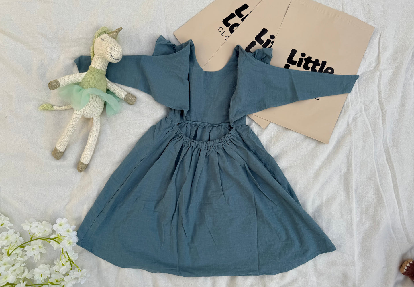 The Bow-Back Flutter Dress - Misty Blue