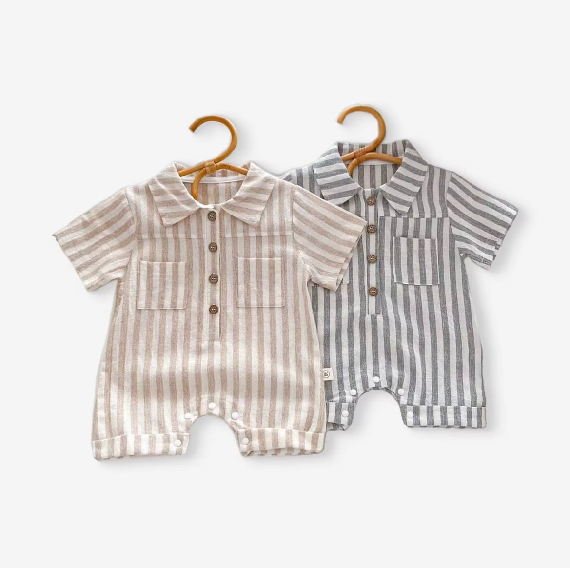 Striped Button-Up Baby Romper - Grey Stripe