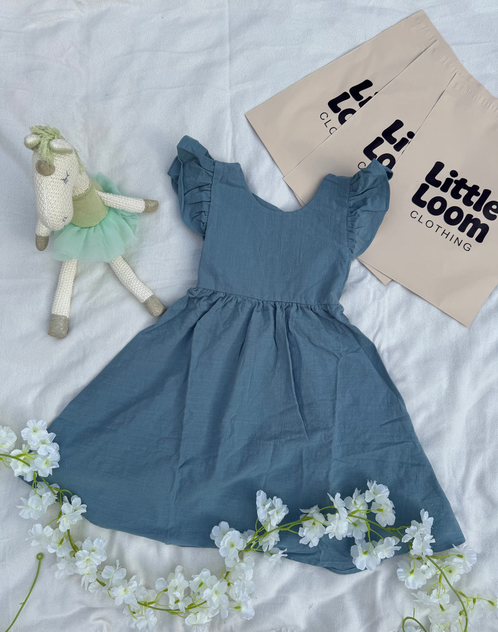The Bow-Back Flutter Dress - Misty Blue