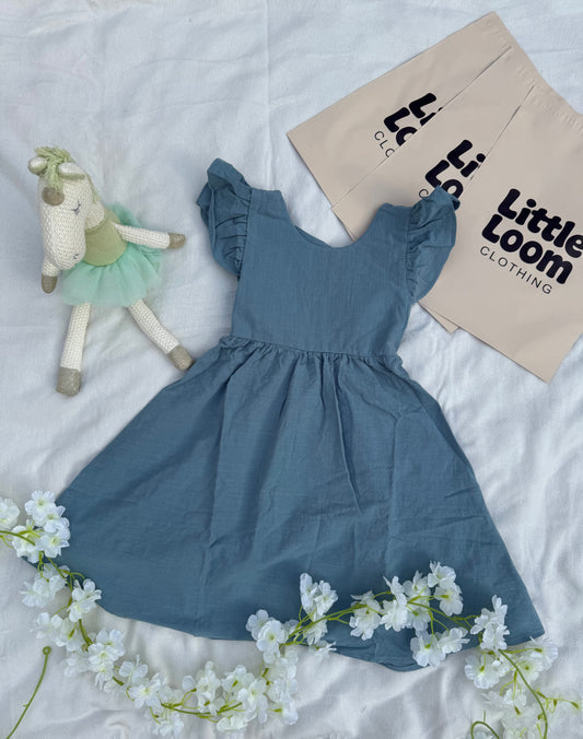 The Bow-Back Flutter Dress - Misty Blue